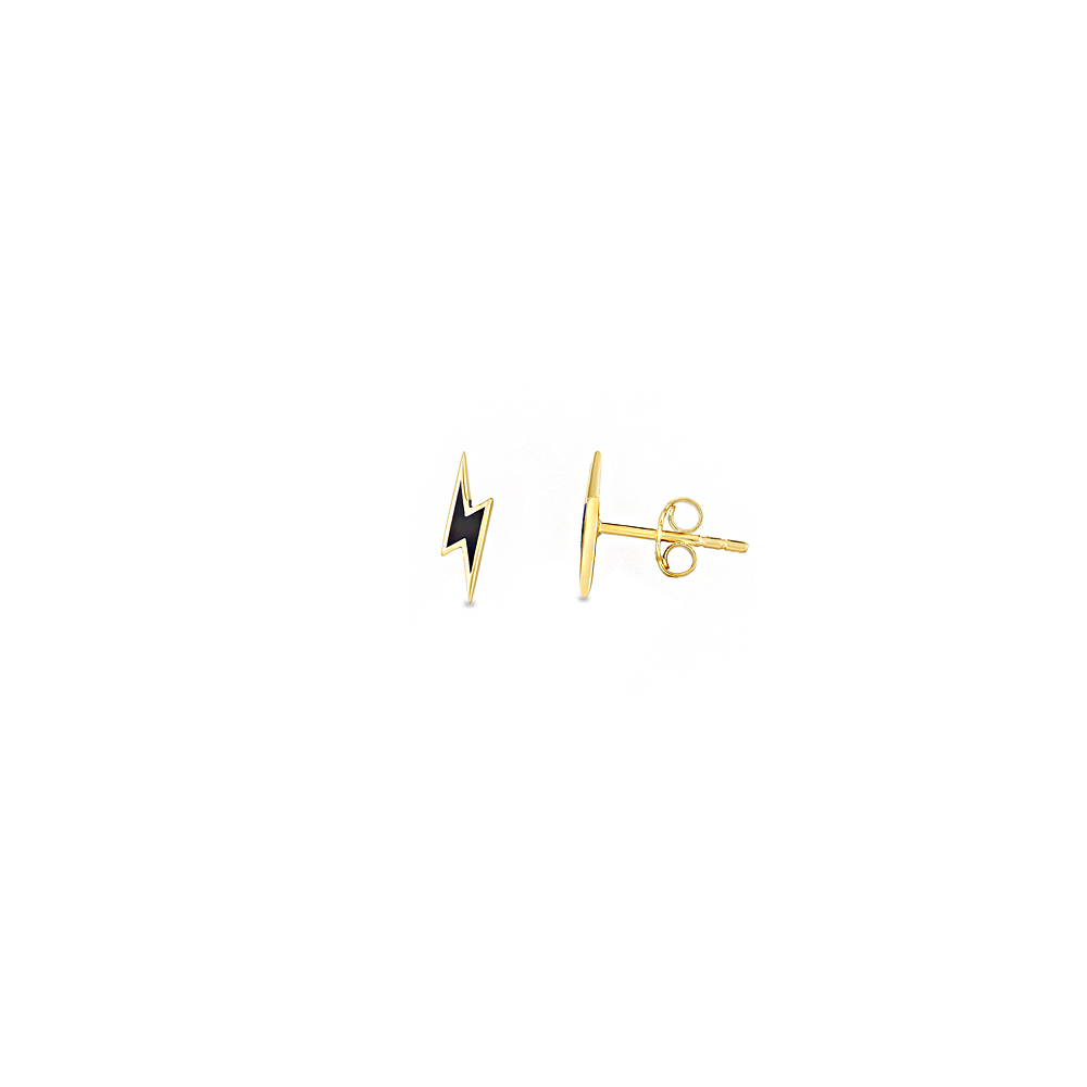 Gold Black Enamel Lightning Bolt Stud Earrings
