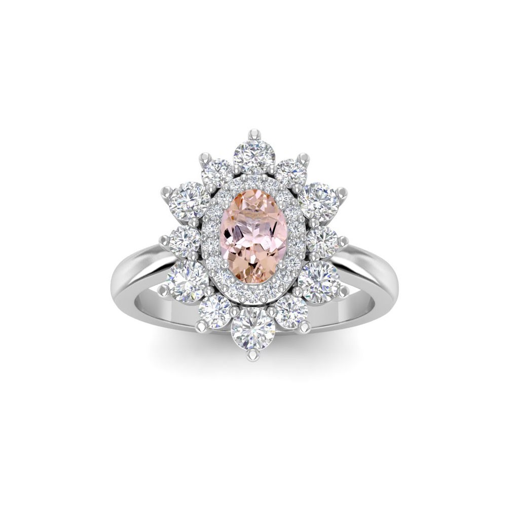 .50 Ct Oval Morganite & .66 ctw Diamond Sunburst Halo Engagement Ring